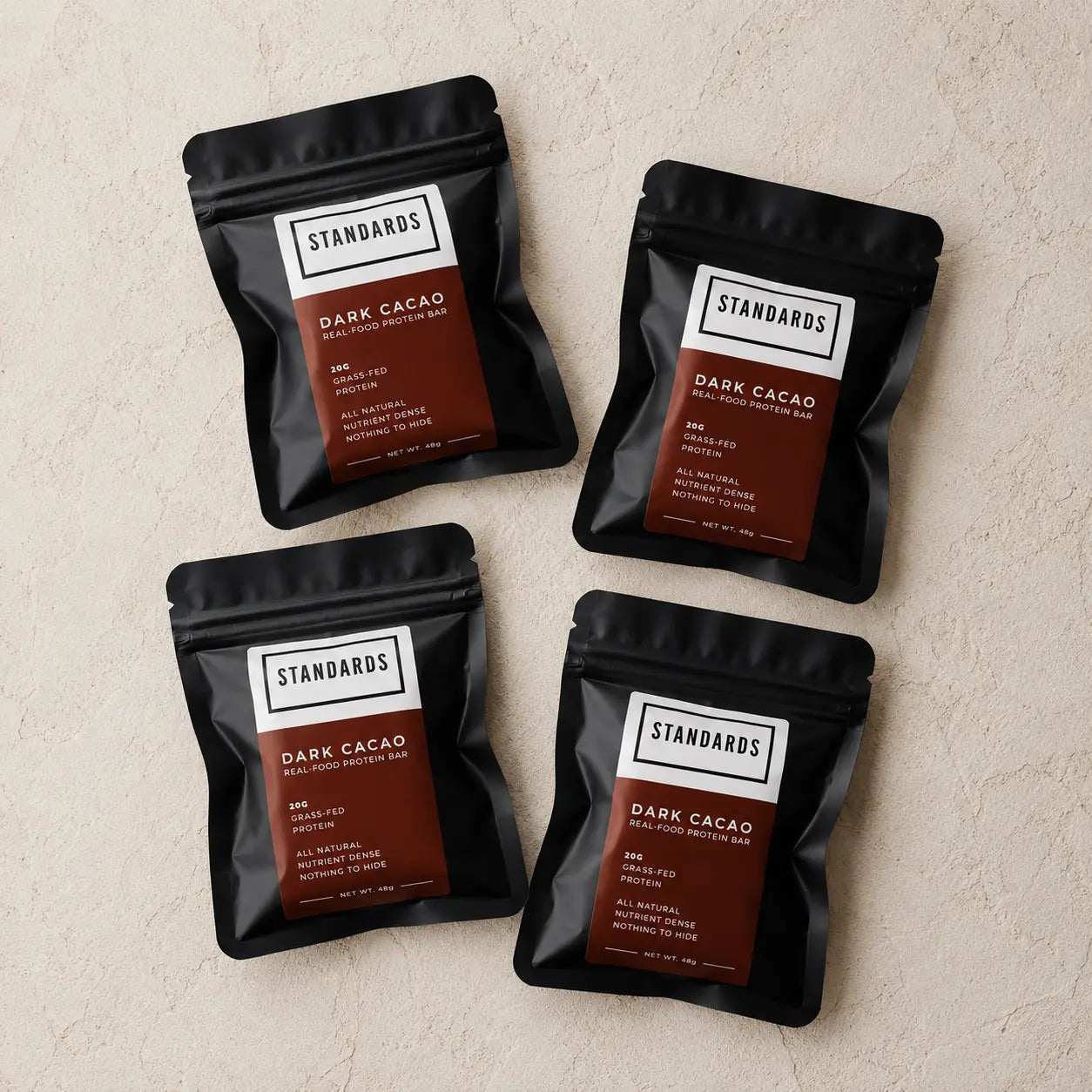 Four Dark Cacao pouches from above